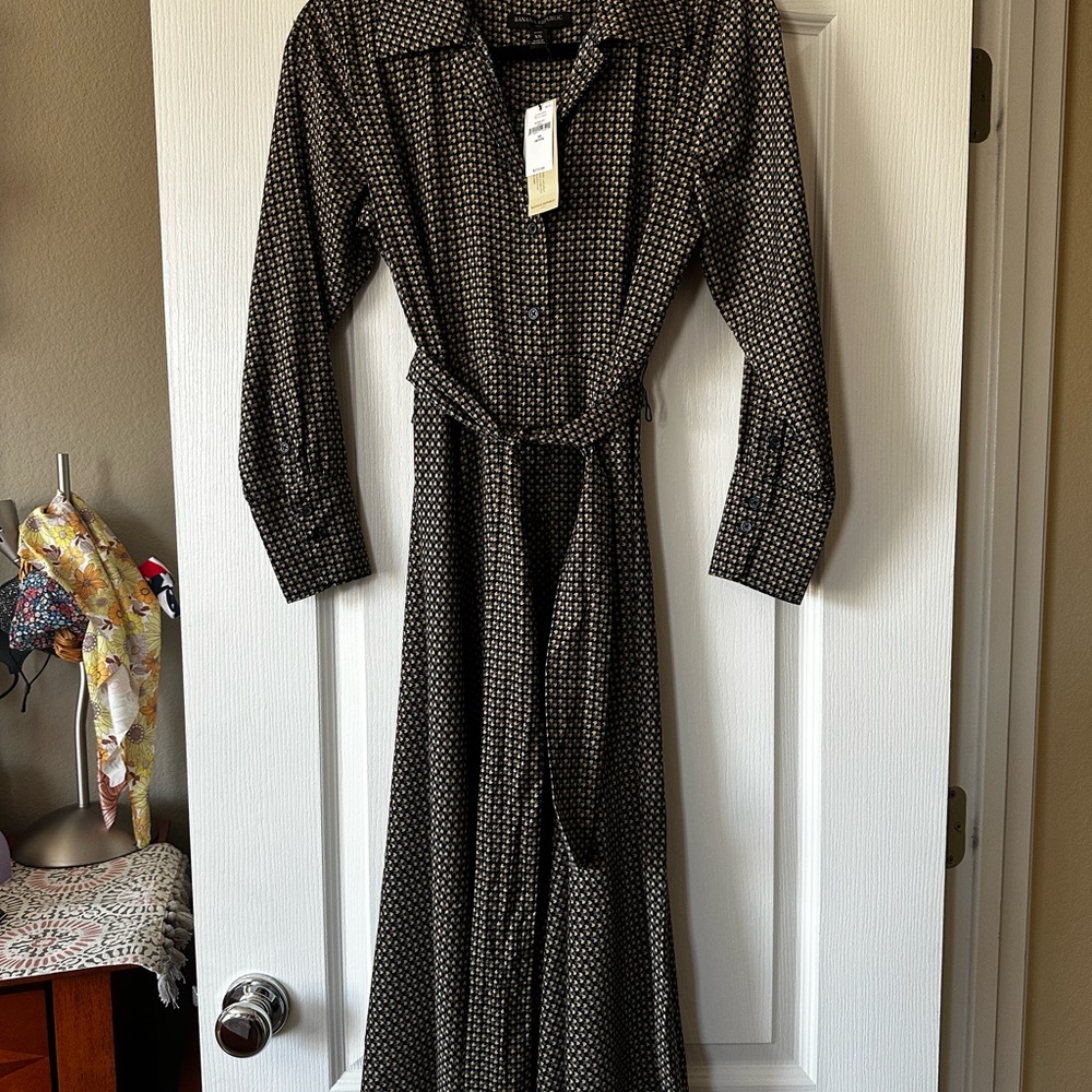 Banana Republic Navy and Taupe Patterned Shirt Dress